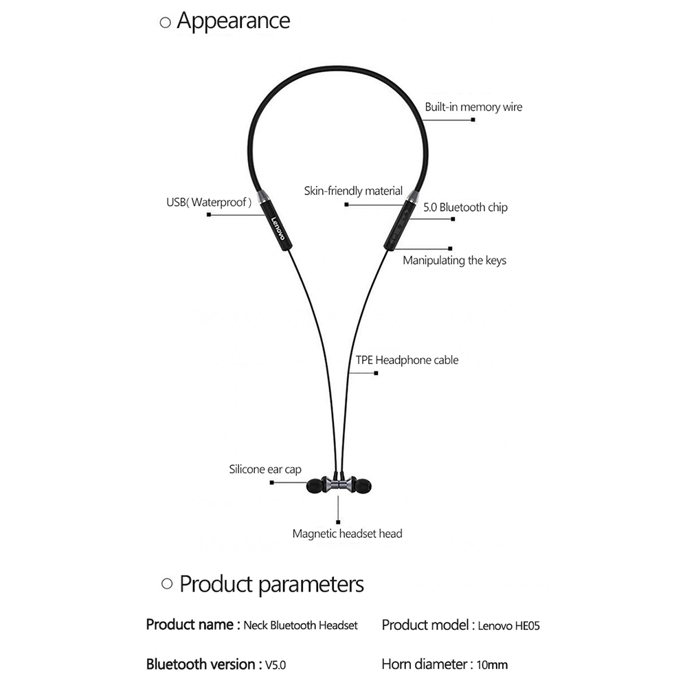 Lenovo HE05 Halsband Kopfhörer Bluetooth Headsets Rauschreduktion IPX5 Wasserdichtes Sport -ohrhörer - Schwarz