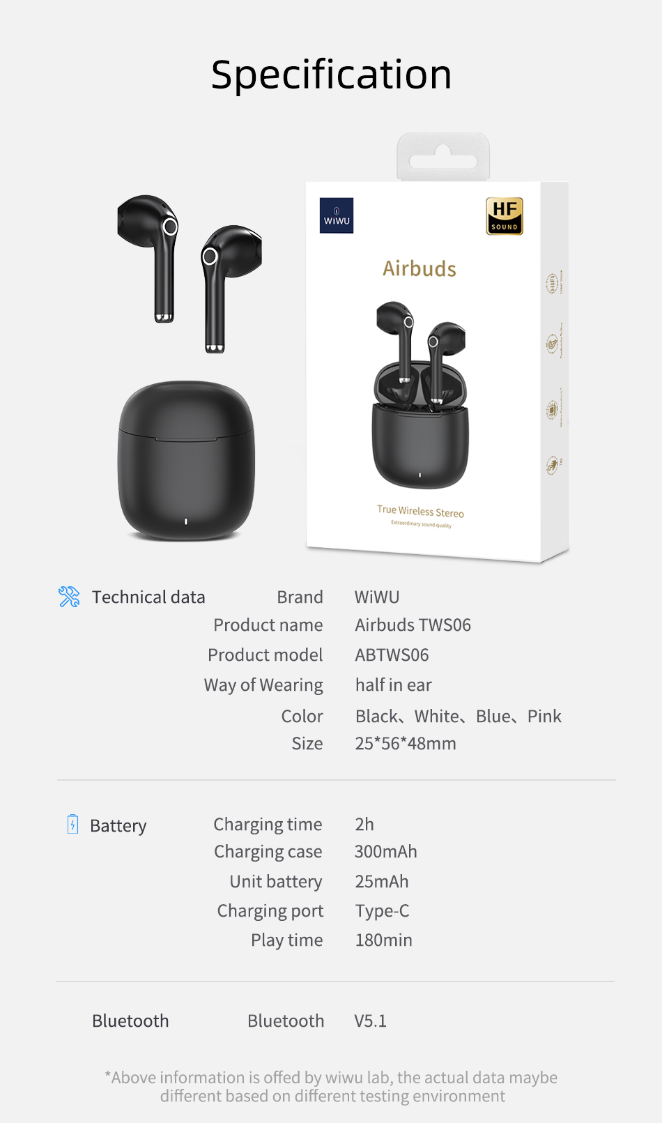 WIWU Airbuds TWS06 Bluetooth Earphones Stereo HiFi Sound Wireless Headsets Earbuds with Charging Case - Black