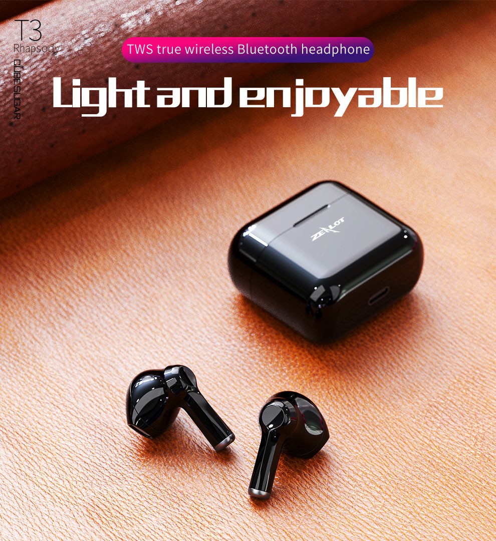 Zealot T3 TWS Bluetooth 5.0 Sport Earphone Mini Wireless Touch Hifi Stereo Calling Aurione - Nero