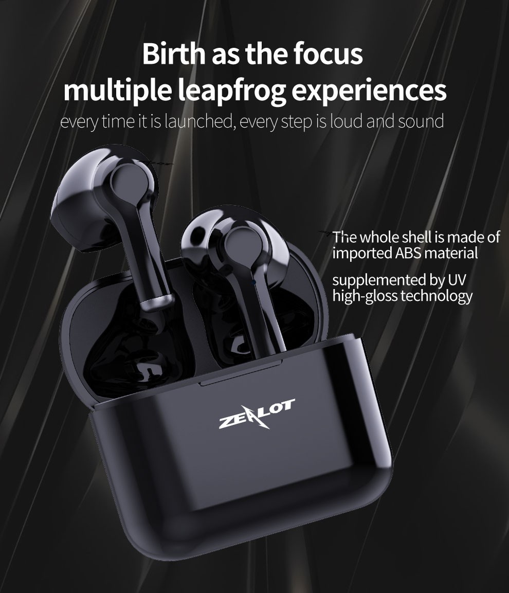 Zealot T3 TWS Bluetooth 5.0 Sport Earphone Mini Wireless Touch Hifi Stereo Calling Aurione - Nero