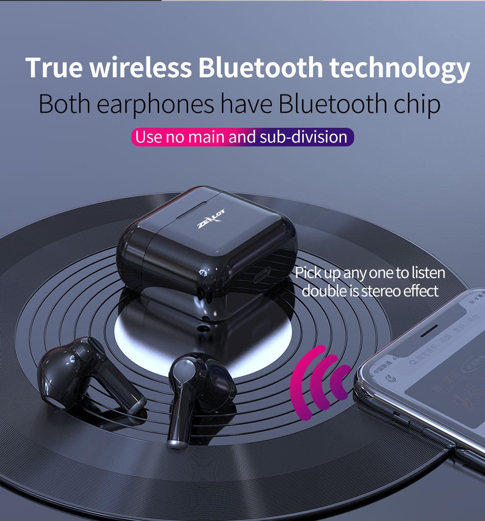 Zealot T3 TWS Bluetooth 5.0 Sport Warphone Mini Wireless Touch Hifi Стерео Музыкальная Гарнитура - Черный