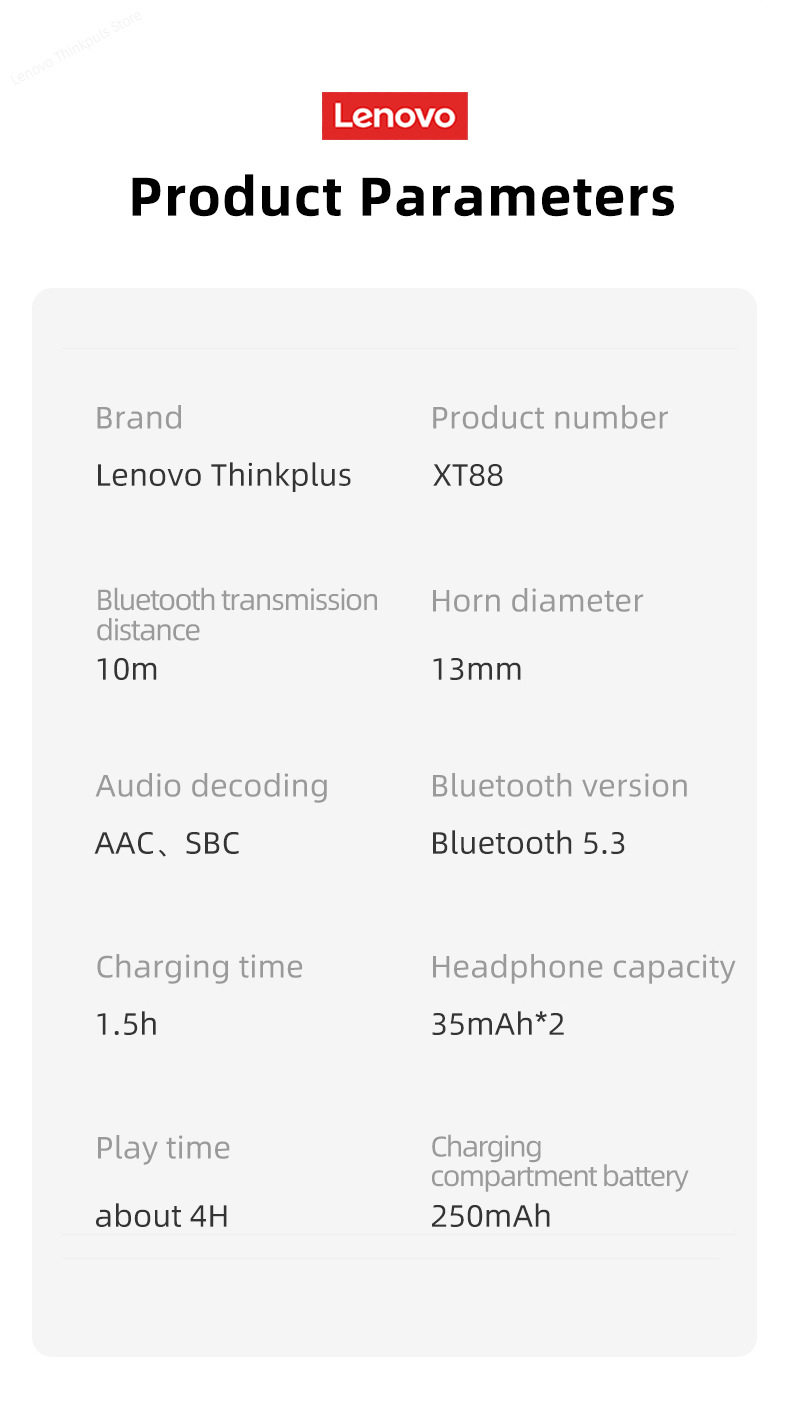 LENOVO Thinkplus XT88 TWS Wireless Bluetooth 5.3 Earphone In-ear Stereo Music Gaming Headset - Black