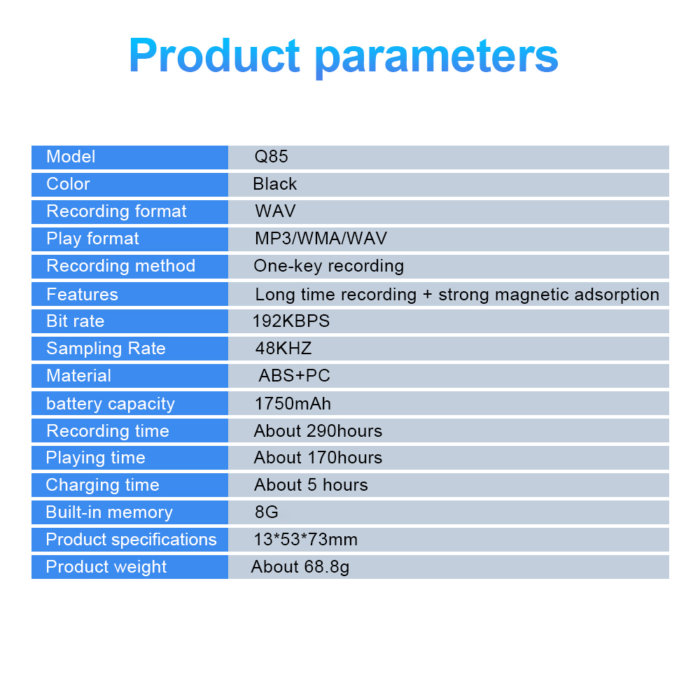 Q85 8 gb Magnetic Mini Audio Recorder Wiederaufladbare Langzeitaufzeichnungszeit Sprachaktivierte Dsp-rausch-reduktion-sprachrekorder