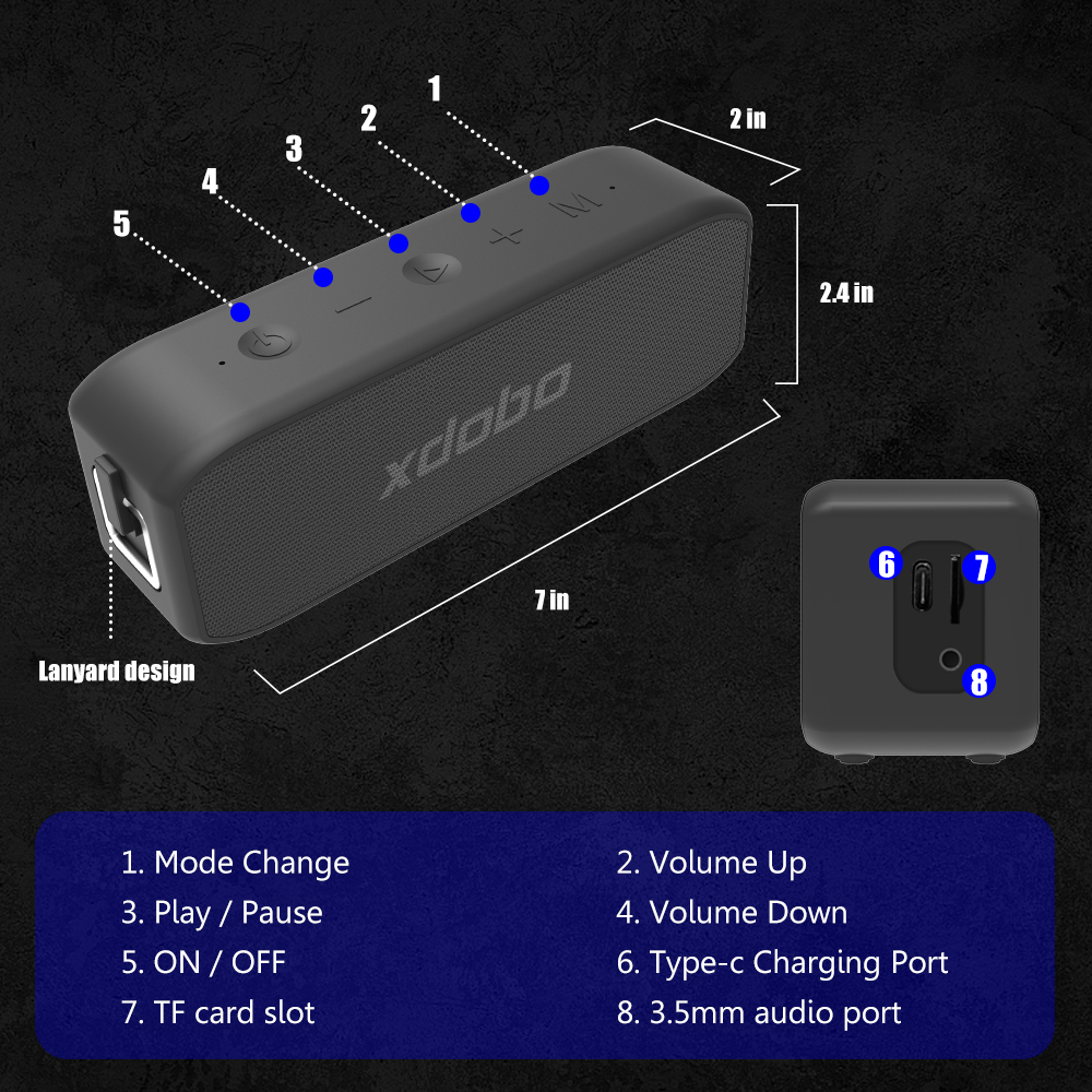 Flügel 2020 Bluetooth -lautsprecher IPX7 Wasserdicht 20W Tragbarer Outdoor -subwoofer -lautsprecher - Blau