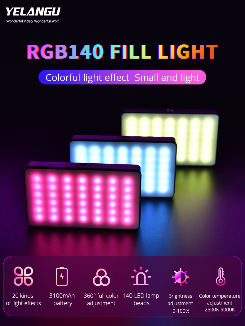 YELANGU RGB140 RGB Riempimento Tascabile Luce Luce LED Leggio Light Portatifica Lighità