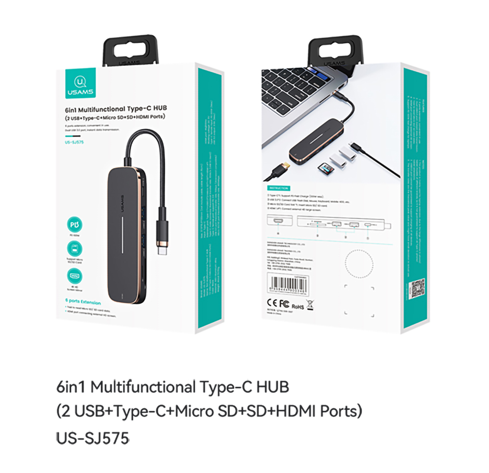 USAMS US-SJ575 USB C Hub Para HD Video Ouput+2xusb 3.0+100W PD Carregador+2 Slots de Cartão de Memória Para Laptops Tipo C