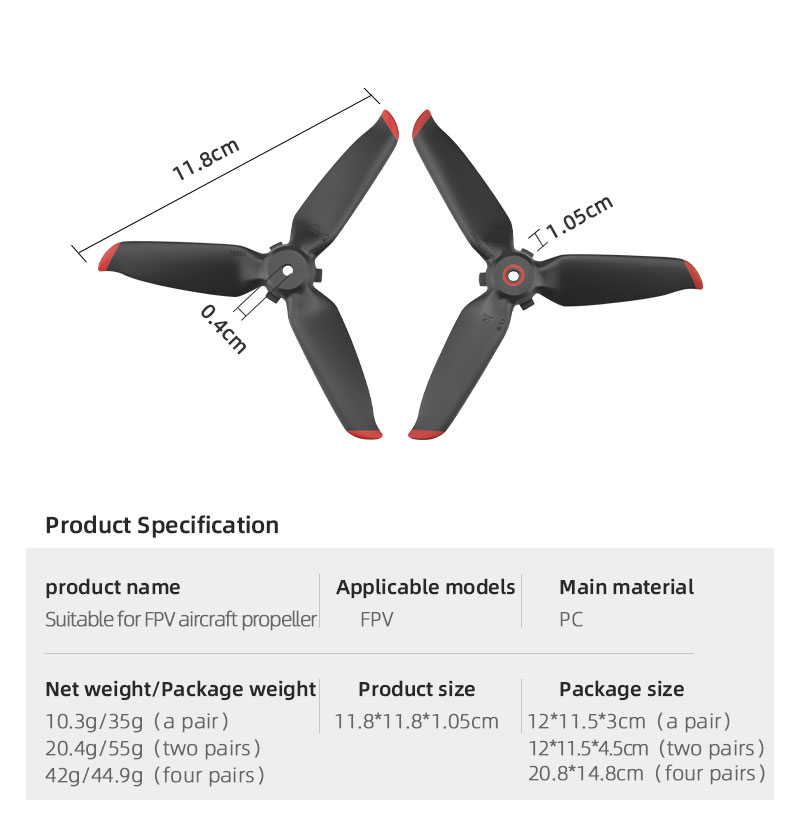 2 Pares Ewb8424_2 Hélice de Substituição Para Acessórios de Drones Combinados DJI FPV - Borda Vermelha