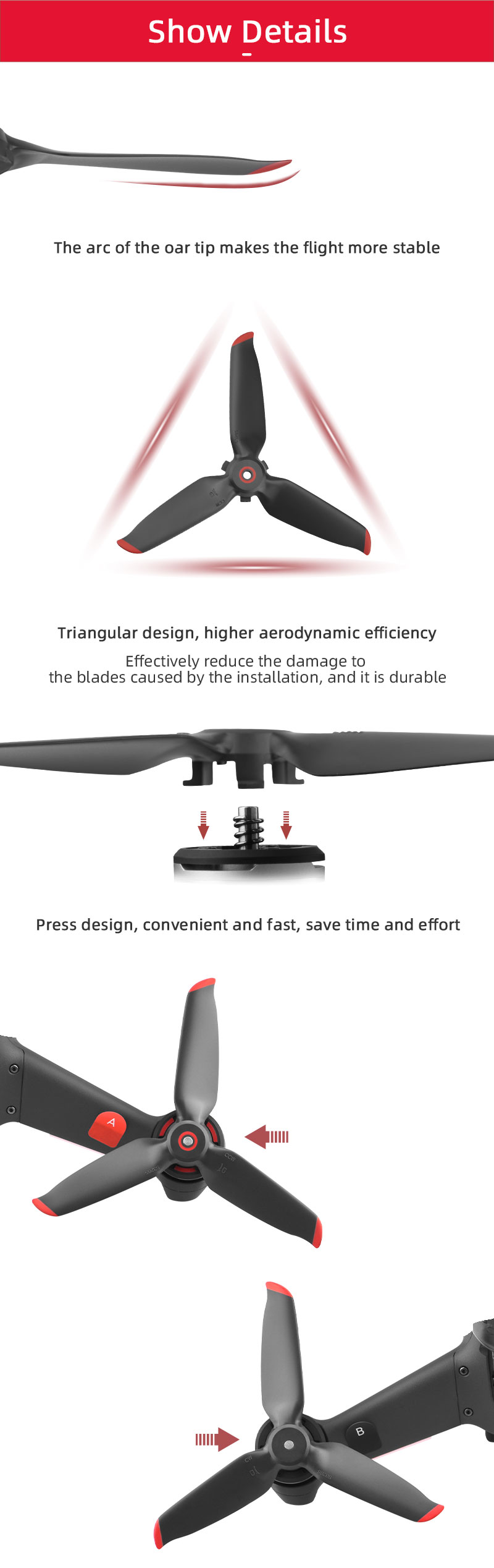 2 Pares Ewb8424_2 Hélice de Substituição Para Acessórios de Drones Combinados DJI FPV - Borda Vermelha