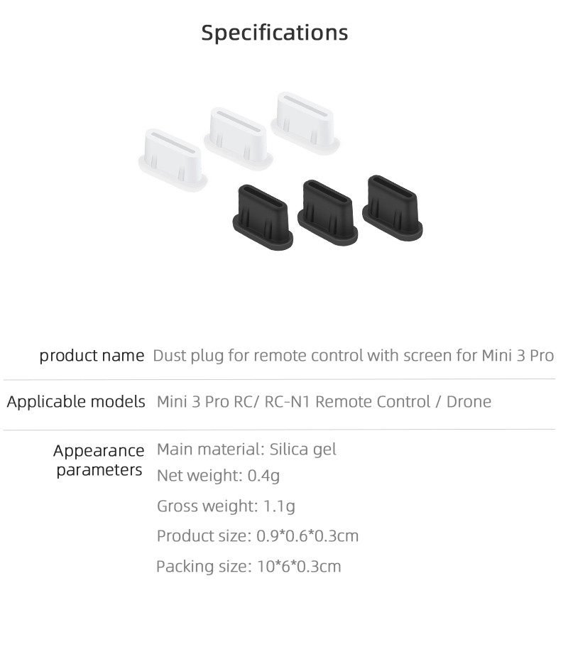 EWB9372 Enchufe de Polvo de 3pcs Para DJI Mini 3 Pro Drone Remote Controler Interface Silicone Waterproof Type-C Port Enchufes - Negro