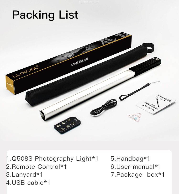 Luxceo Q508S Portable Rvb Handheld LED Video Light Wand Stick Photography Light Avec Télécommande Sac à Main