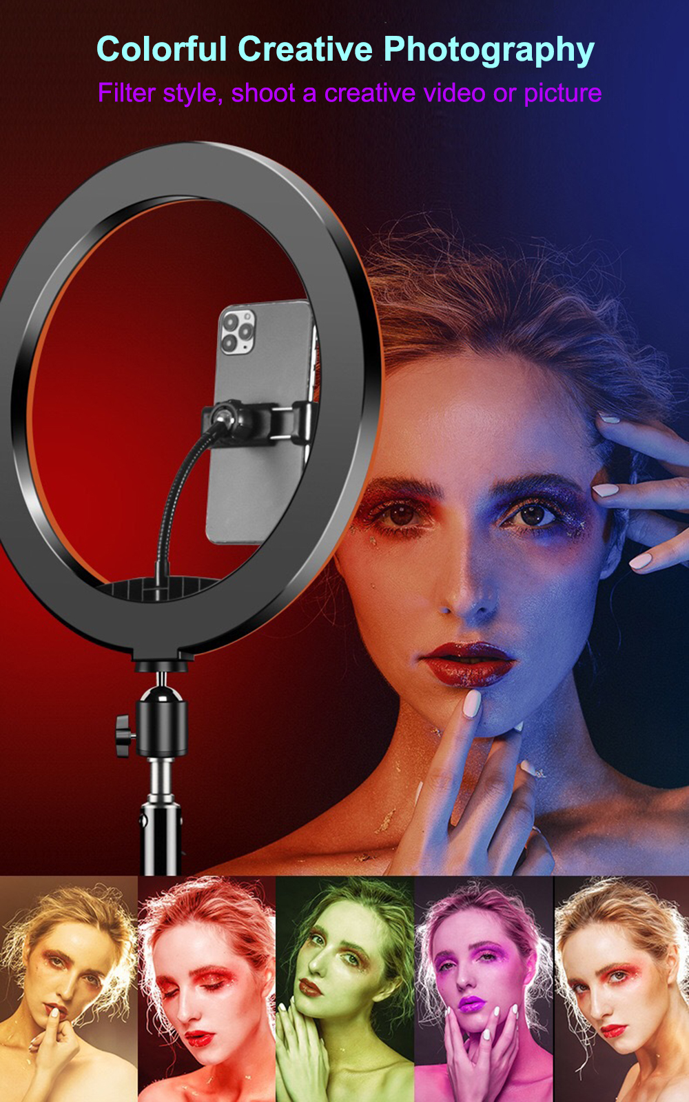 MJ26 26cm 10-inch RGB LED Ring Light with Phone Clip Phone Video Beauty  Fill Light