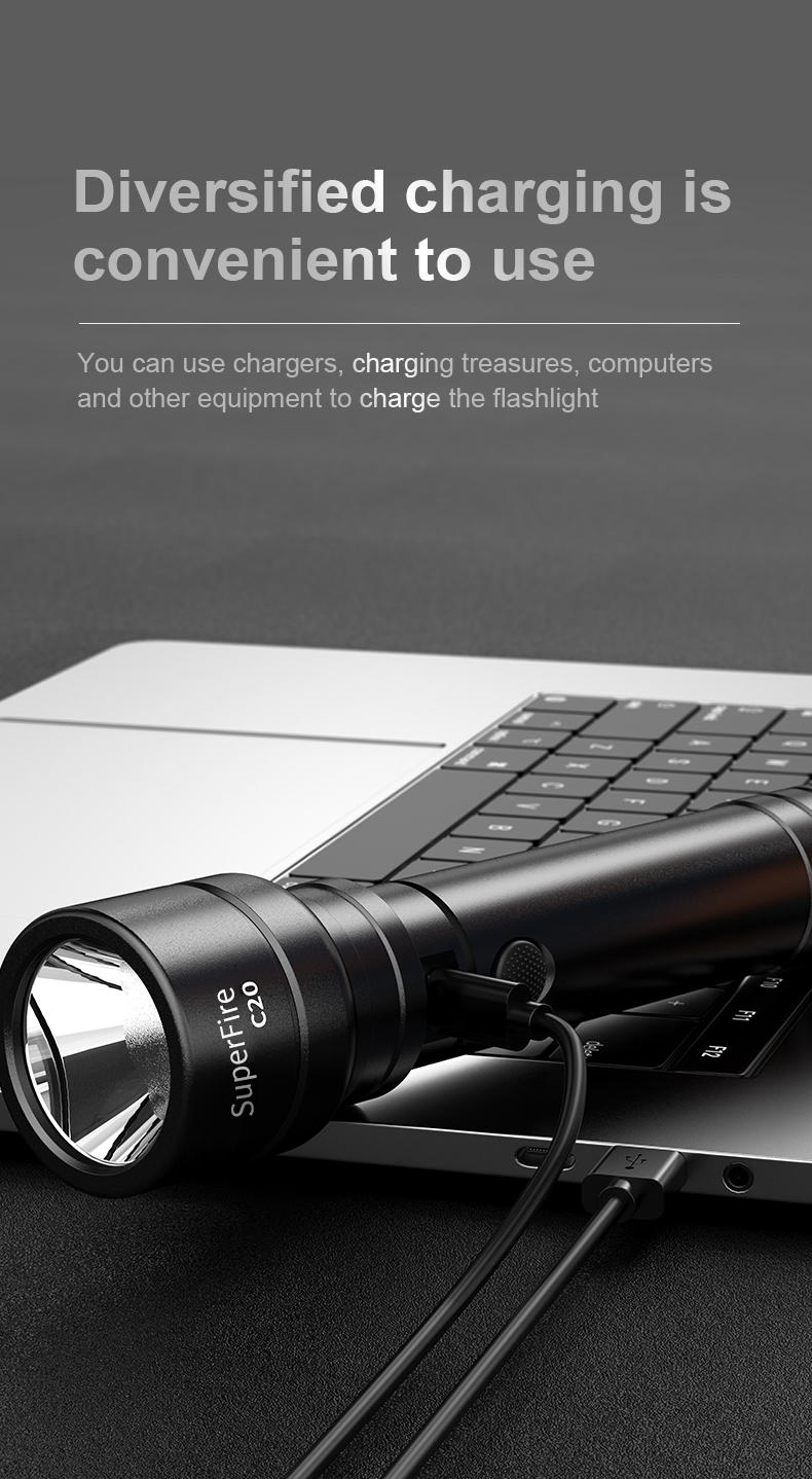 Supfire C20-A 7W Type-C USB LED Rechargeable LED Lampe de Poche Tactique Avec Batterie de 2300mAh