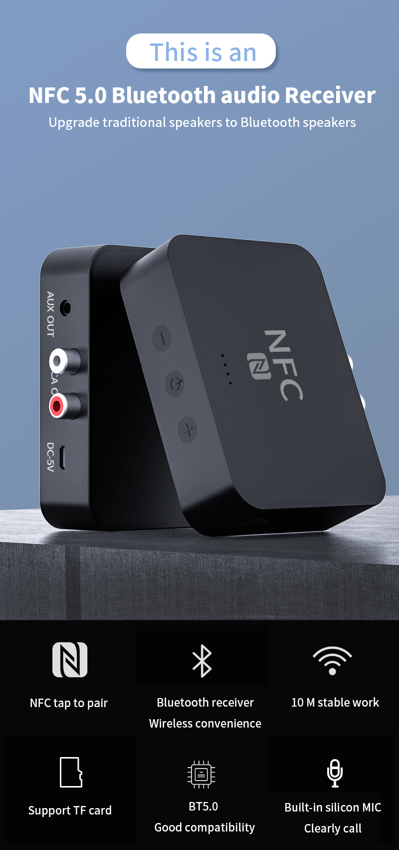 NFC Bluetooth 5.0 Suporte TF Card Música Play Receiver de Áudio