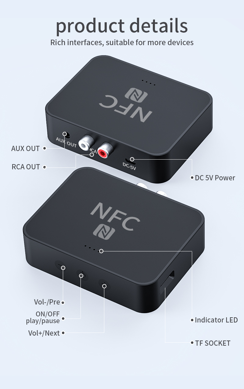 NFC Bluetooth 5.0 Prise en Charge de la Carte TF Music Play Play Audio Receiver