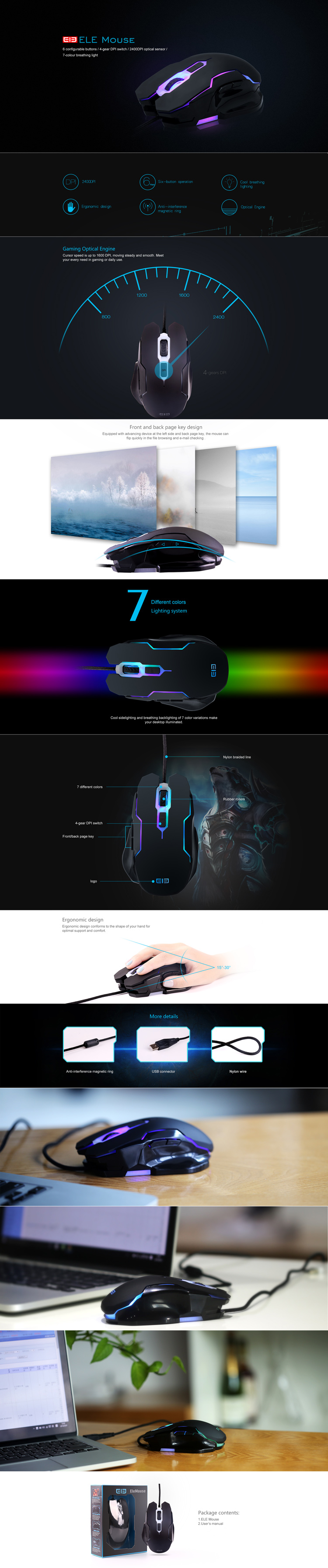 ELE USB Wired Optical Gaming Mouse 6 Buttons 2400DPI 7 Colors Breathing LED Backlight-1