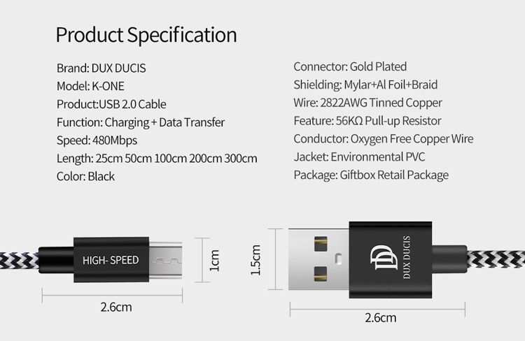 3,0 m Dux Ducis K-one Series Tecnogaggio Micro Micro Sincronizzazione USB Cavo di Carica Del Cavo Per Samsung HTC Huawei