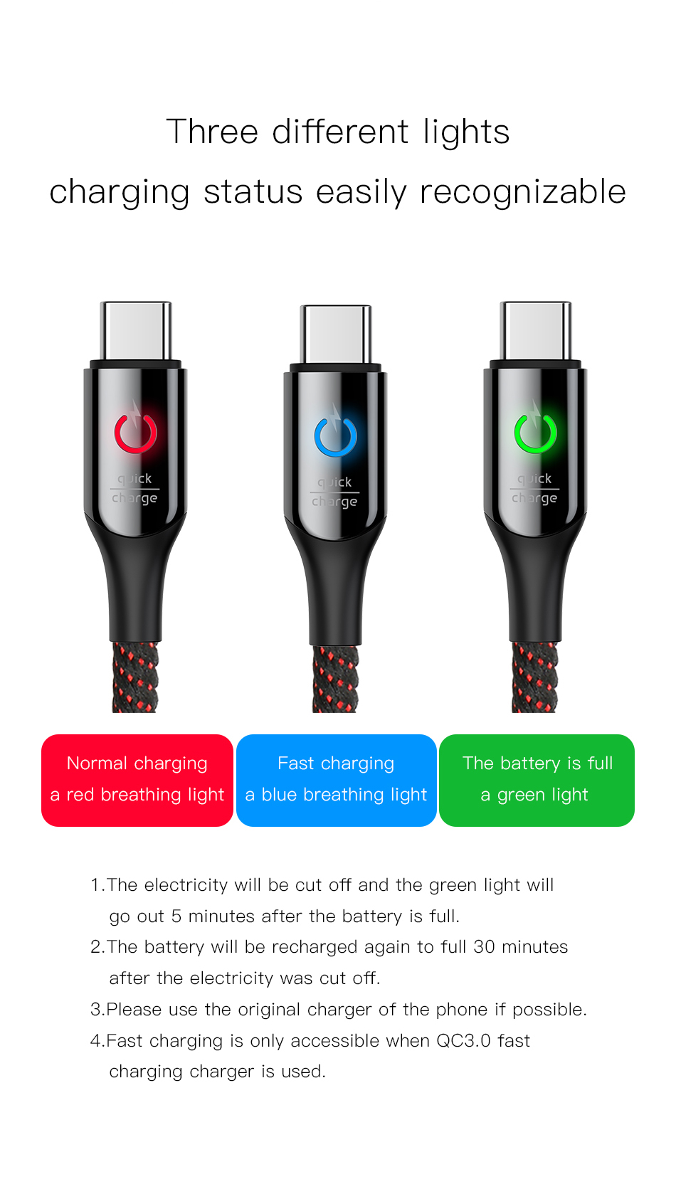 Basis 1m C-form Light 3A Usb-smart-c-kabel-smart-power-off-daten Synchronisationskabel Geflochtenes Ladungskabel Für Samsung Huawei - Schwarz