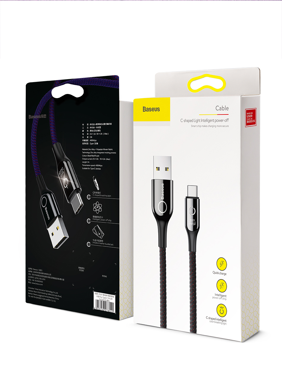 Baseus 1m Cape de Forma c 3A USB a Cable de Cable Tipo c Cable de Carga de Cable de Sincronización Con Sincronización Para Samsung Huawei - Negro