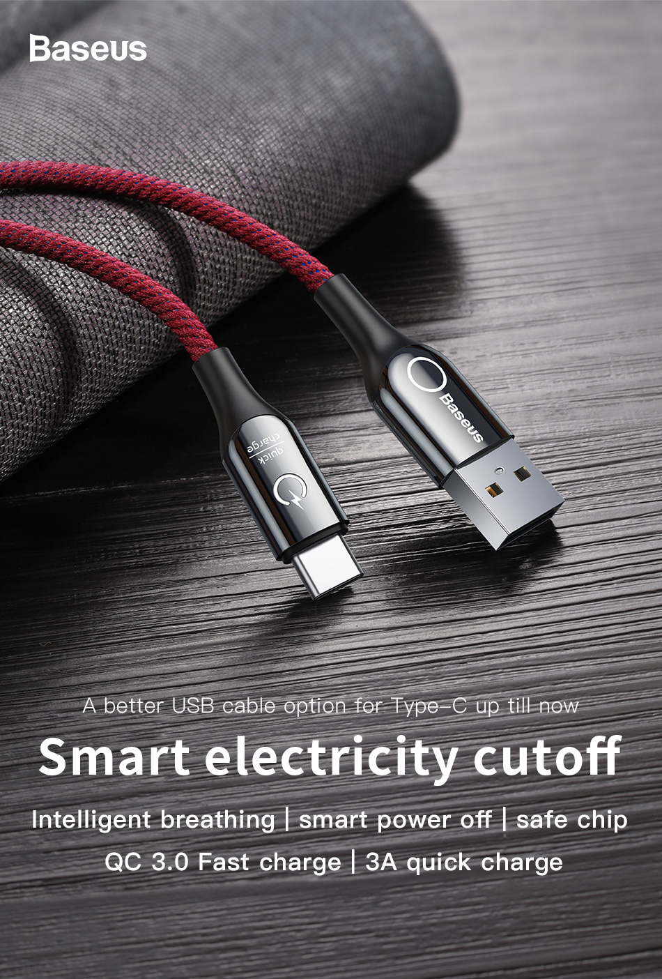 Basis 1m C-form Light 3A Usb-smart-c-kabel-smart-power-off-daten Synchronisationskabel Geflochtenes Ladungskabel Für Samsung Huawei - Schwarz