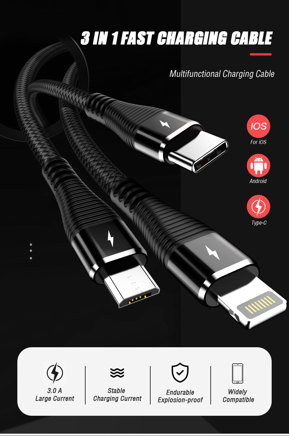 AMORUS 1.2m 3-in-1 Lightning 8 Pin + Micro USB + Type-C Charge Cable - Black-1