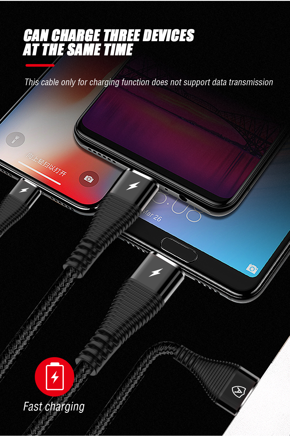 AMORUS 1.2m 3-in-1 Lightning 8 Pin + Micro USB + Type-C Charge Cable - Black-4