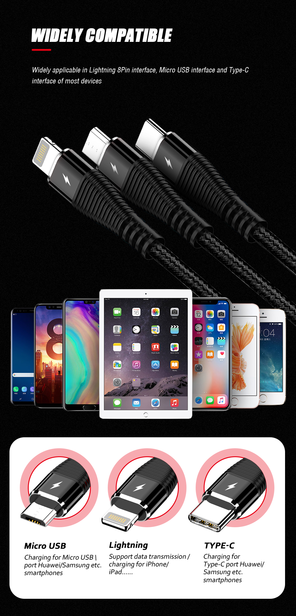 AMORUS 1.2m 3-in-1 Lightning 8 Pin + Micro USB + Type-C Charge Cable - Black-6