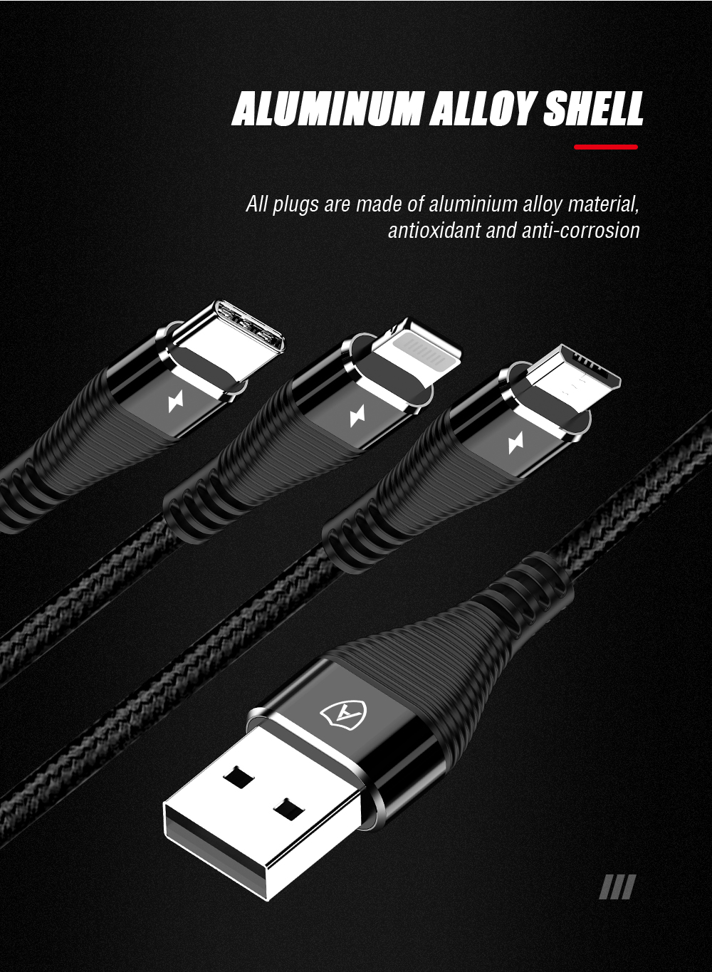 AMORUS 1.2m 3-in-1 Lightning 8 Pin + Micro USB + Type-C Charge Cable - Black-8