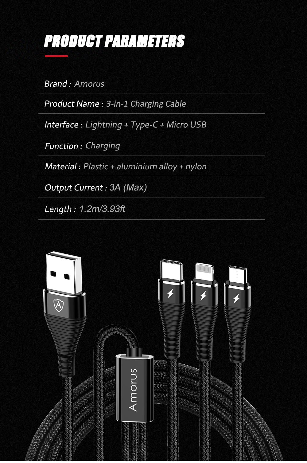 AMORUS 1.2m 3-in-1 Lightning 8 Pin + Micro USB + Type-C Charge Cable - Black-9