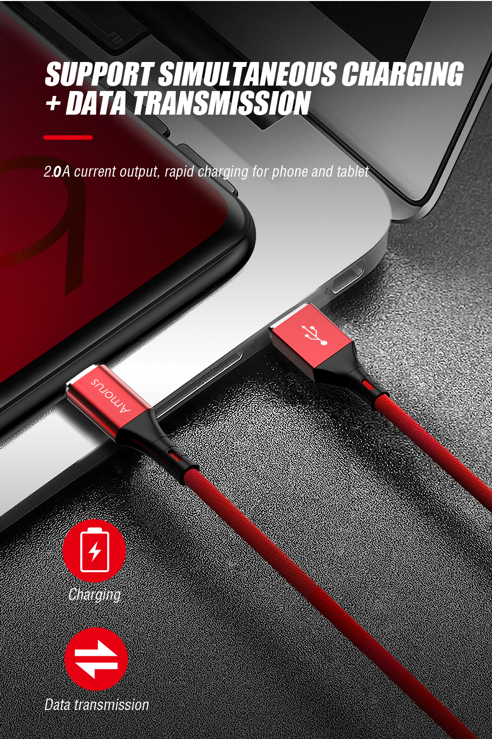 AMORUS 2A Алюминиевая Сплава Ткань Плетена Кабель Для Зарядки Типа C Для Samsung Huawei И Т. Д. - Красный-5