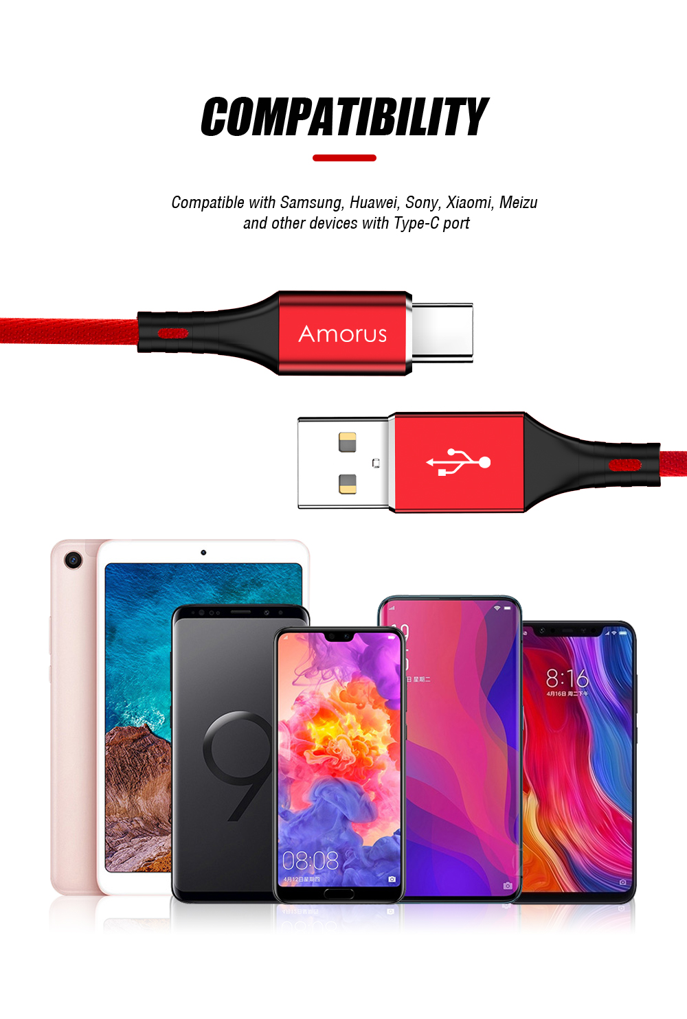 AMORUS 2A Алюминиевая Сплава Ткань Плетена Кабель Для Зарядки Типа C Для Samsung Huawei И Т. Д. - Красный-7