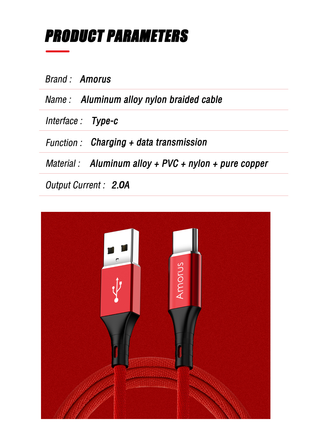 AMORUS 2A Алюминиевая Сплава Ткань Плетена Кабель Для Зарядки Типа C Для Samsung Huawei И Т. Д. - Красный-9