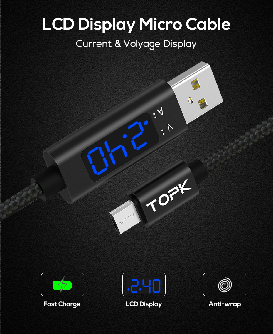 Topk AC27 Nylon Intrecciato Intrecciato Micro USB Corrente Visualizza a LED di Tensione - Nero