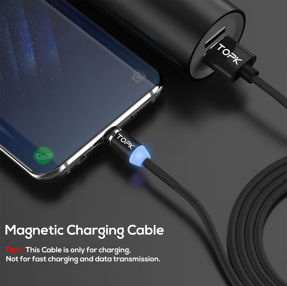 Topk AM23 Nylon Traided Magnétique Type-C Câble de Charge Avec Indicateur LED Pour Samsung / Huawei - le Noir