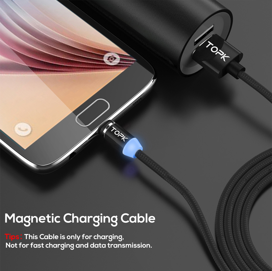 Topk AM23 Nylon Traided Magnetic Charging Micro USB Cable Avec Affichage LED - le Noir