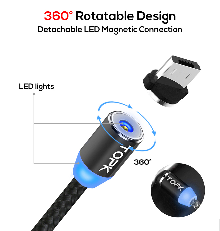 Topk AM23 Nylon Traided Magnetic Charging Micro USB Cable Avec Affichage LED - le Noir