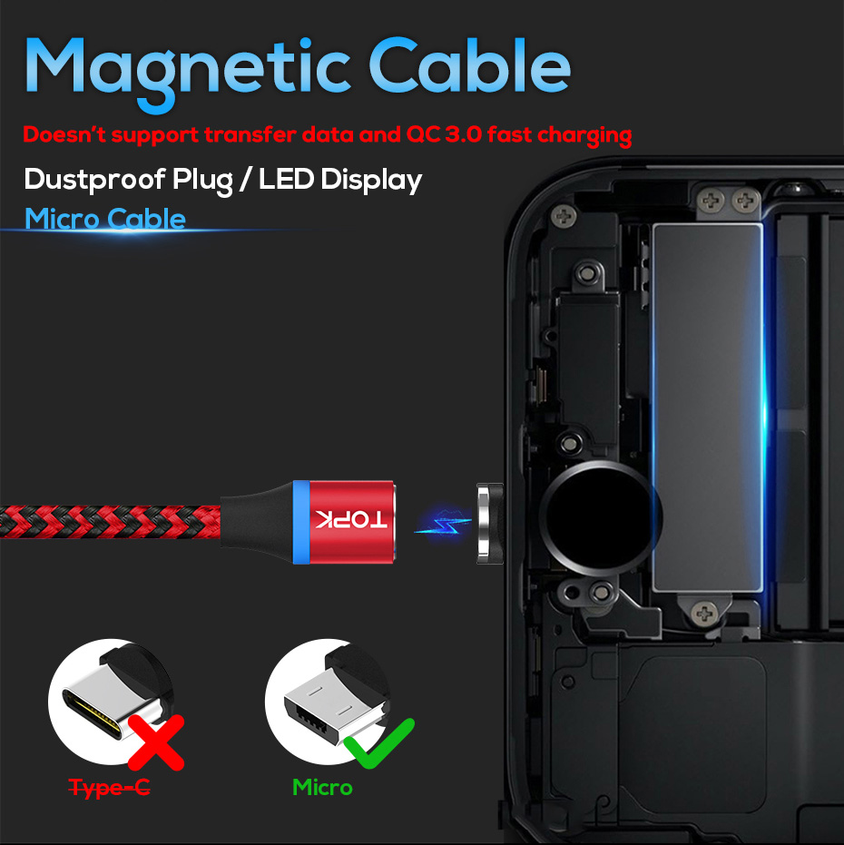 TOPK AM33 360 Grad Rundes Zweifarbiges Nylon Geflochtenes Magnetisches Micro USB Ladekabel Für Samsung Huawei Xiaomi - Rot-2