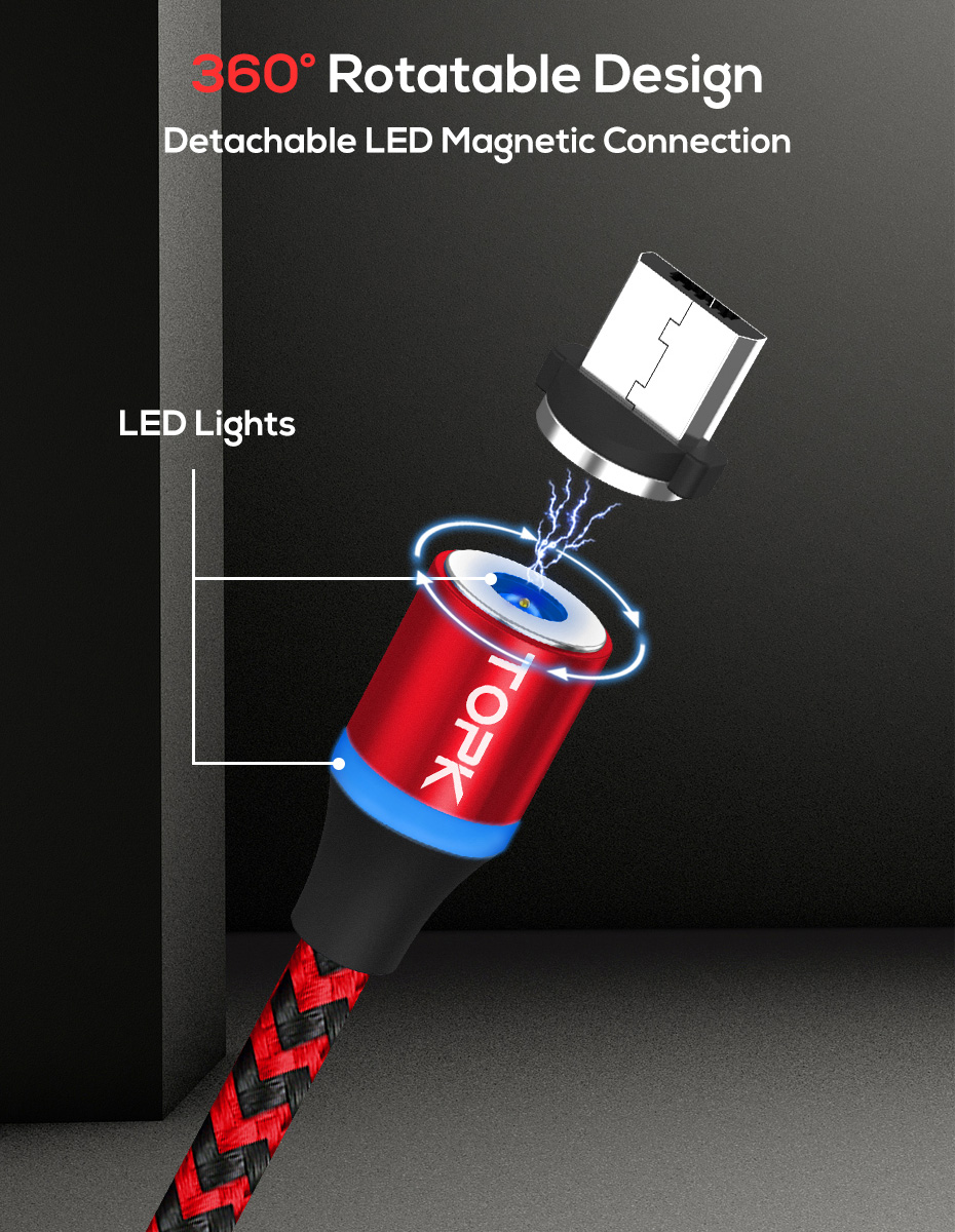 TOPK AM33 360 Grad Rundes Zweifarbiges Nylon Geflochtenes Magnetisches Micro USB Ladekabel Für Samsung Huawei Xiaomi - Rot-4