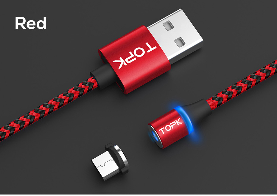 TOPK AM33 360 Grad Rundes Zweifarbiges Nylon Geflochtenes Magnetisches Micro USB Ladekabel Für Samsung Huawei Xiaomi - Rot-8