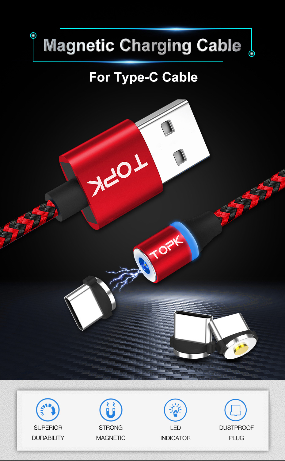 TOPK AM33 360 Graus Rodada De Duas Cores Nylon Trançado Magnético Tipo-c Cabo De Carregamento USB Para Samsung Huawei Xiaomi - Vermelho-1