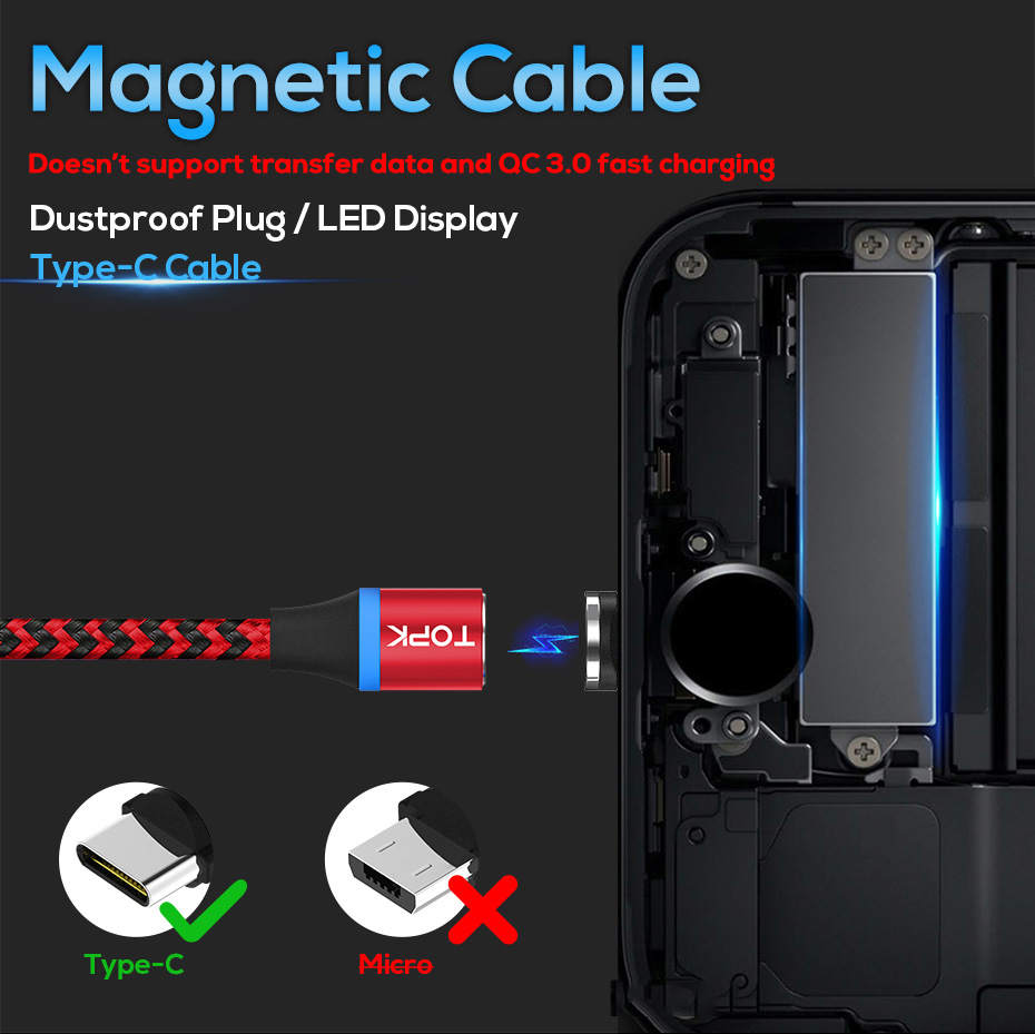 TOPK AM33 360 Graus Rodada De Duas Cores Nylon Trançado Magnético Tipo-c Cabo De Carregamento USB Para Samsung Huawei Xiaomi - Vermelho-2