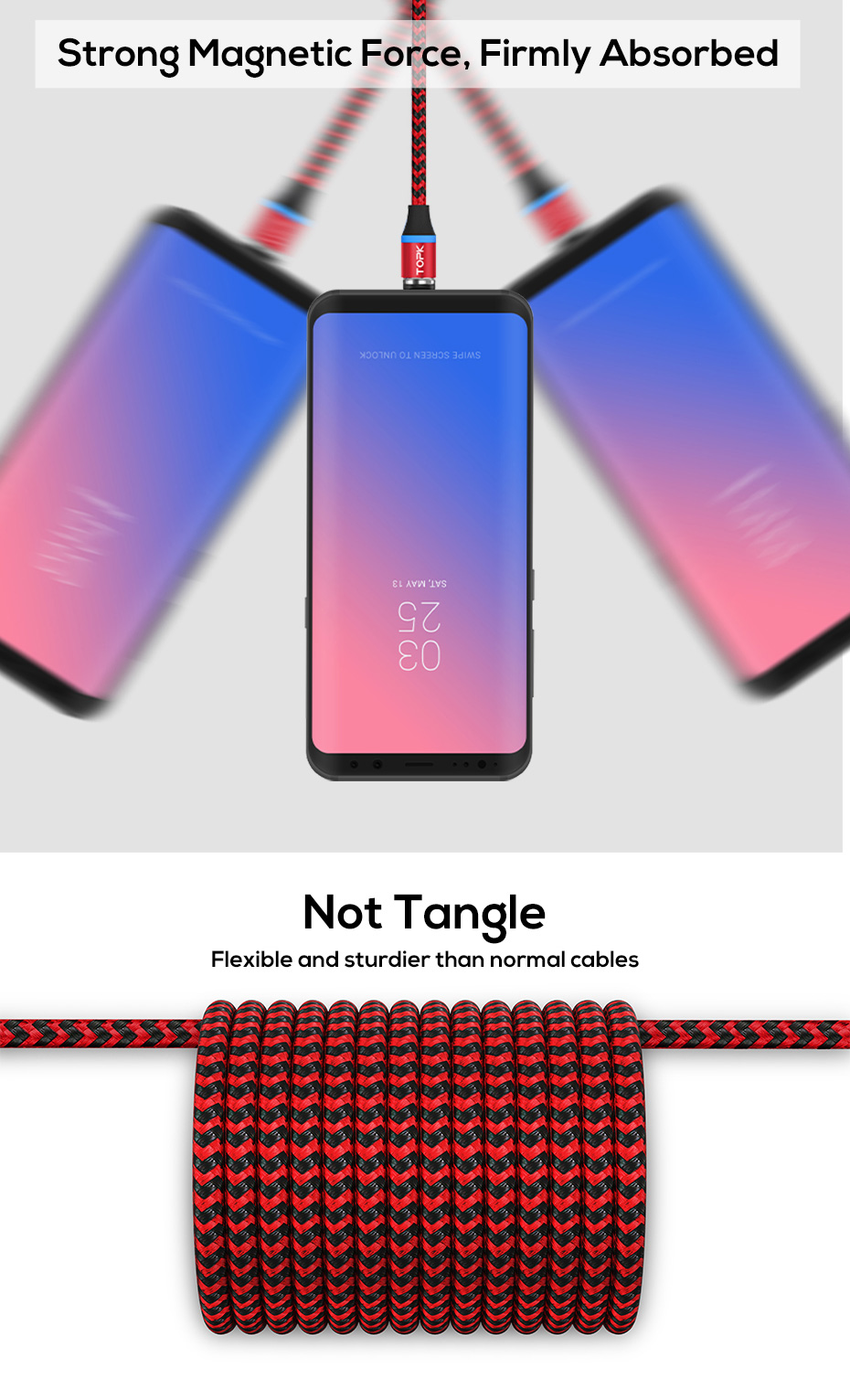 TOPK AM33 360 Graus Rodada De Duas Cores Nylon Trançado Magnético Tipo-c Cabo De Carregamento USB Para Samsung Huawei Xiaomi - Vermelho-5