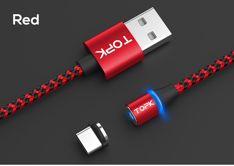 TOPK AM33 360 Graus Rodada De Duas Cores Nylon Trançado Magnético Tipo-c Cabo De Carregamento USB Para Samsung Huawei Xiaomi - Vermelho-8