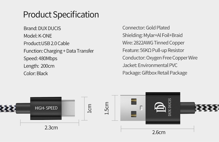 Dux Ducis Skin Pro Series Family Cable K-one Typ-c USB 480mbit / s Daten Synchronisation + 2.1A Ladung Geflochtenes Kabel 2m