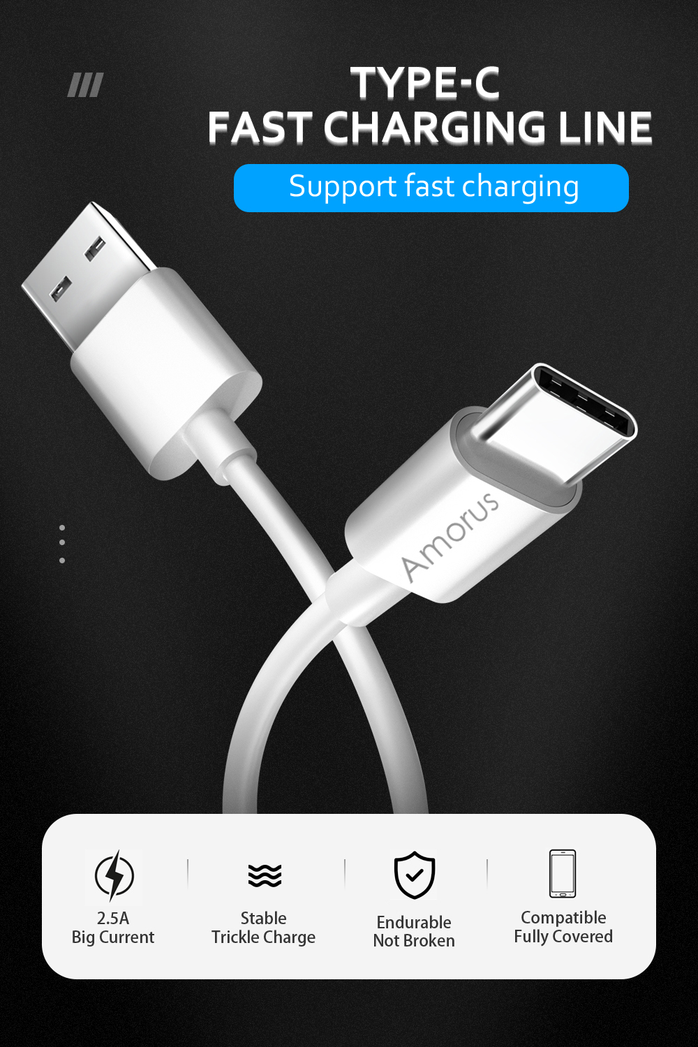 AMORUS USB Type-c Charge de Données de Données de Sync 1m Pour Macbook 12 Pouces Avec Retina Display (2015) / Huawei Mate 9 - Blanche