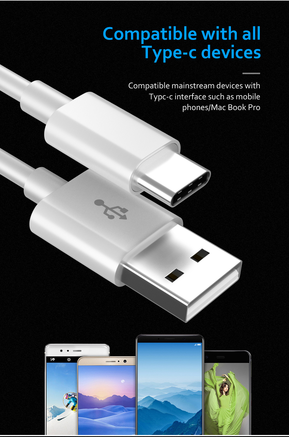 AMORUS USB Type-c Charge de Données de Données de Sync 1m Pour Macbook 12 Pouces Avec Retina Display (2015) / Huawei Mate 9 - Blanche