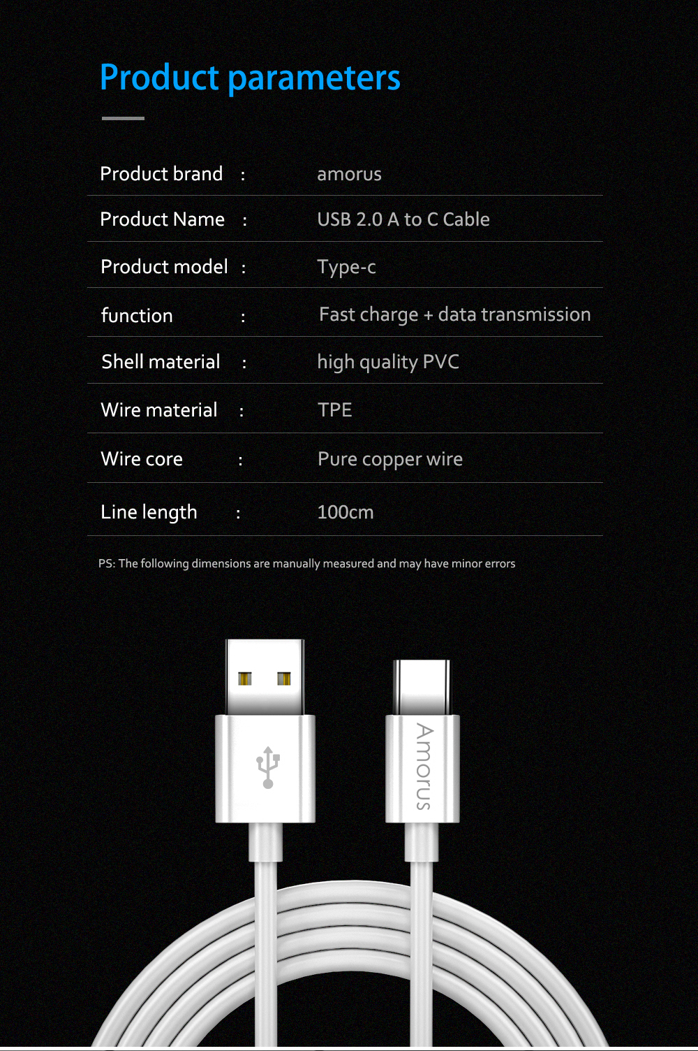 AMORUS USB Type-c Charge de Données de Données de Sync 1m Pour Macbook 12 Pouces Avec Retina Display (2015) / Huawei Mate 9 - Blanche