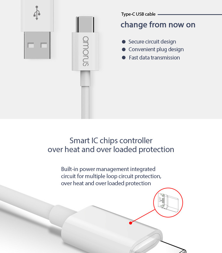 AMORUS USB Tipo-c Carga de Datos Cable de sincronización 1m para MacBook de 12 pulgadas con Retina Display (2015) / Huawei Mate 9 - Blanco-2