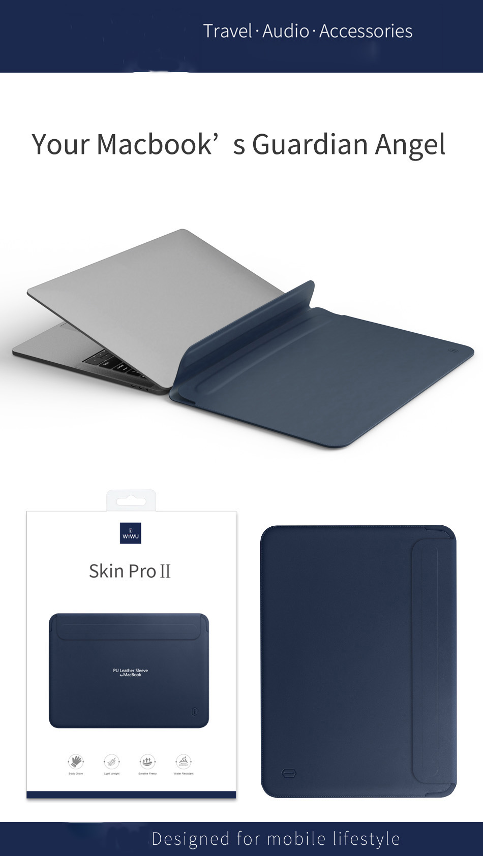 Wiwu Skinpro 2ª Geração Saco de Luva de Laptop de Couro PU Ultra Para MacBook 13 Air 2011/2012 (a1369/a1466/a1278/a1425/a1502) - Azul