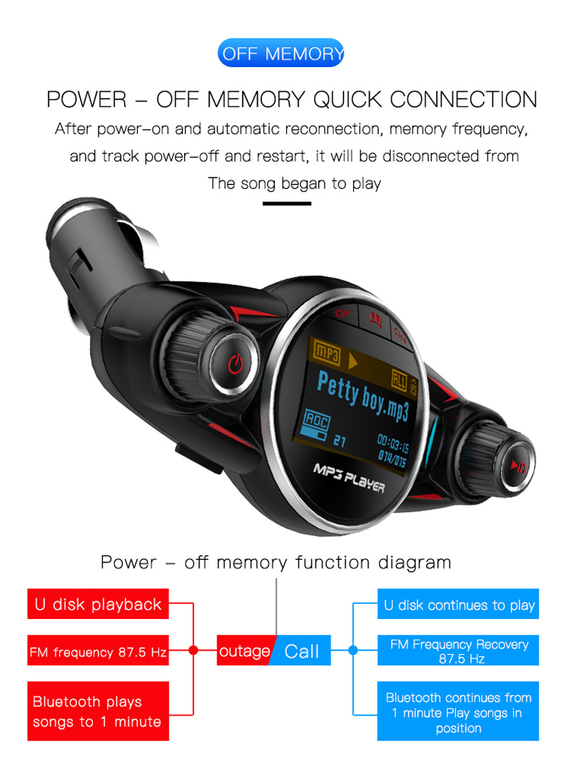 BT-08 Universal Bluetooth 4.0 Car Kit MP3 Player FM Transmitter 2.1A Single USB Car Charger Built-in Mic Support AUX-in