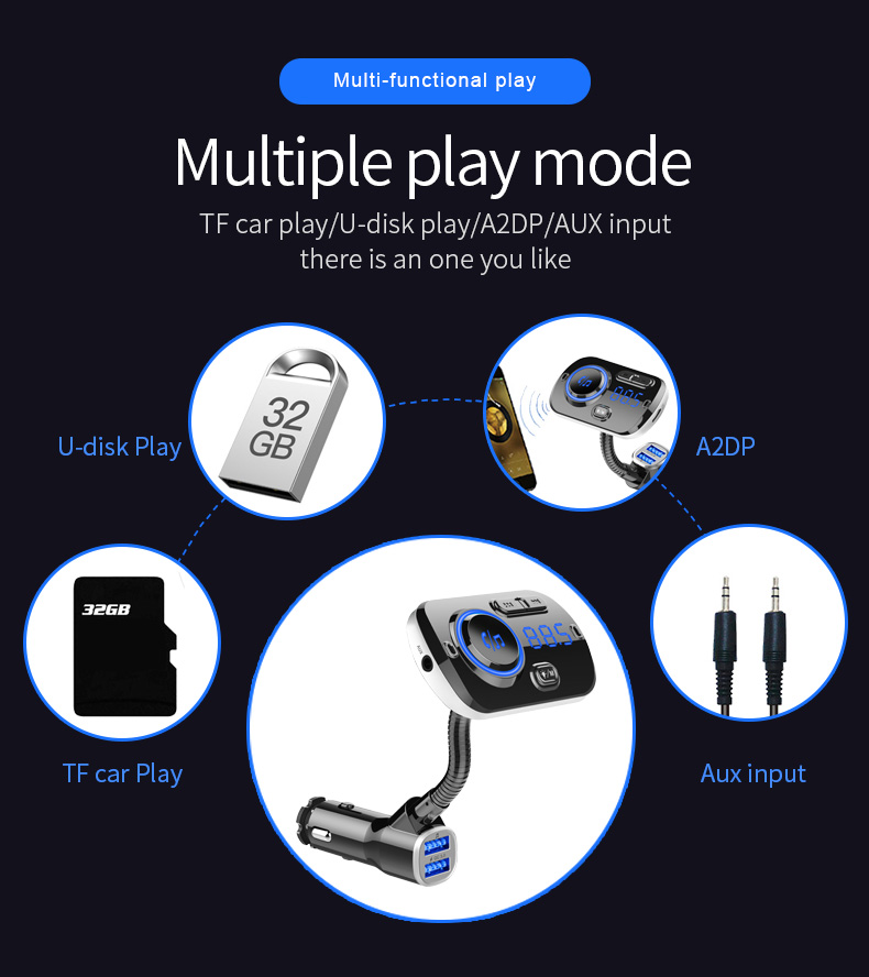 Bluetooth Car Player FM Transmisor FM Cargo Rápido Dual USB Ambiente de Respiración Luz - Negro